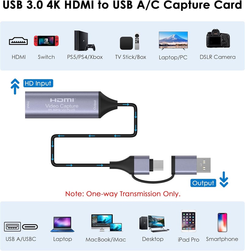 BIFALE Full 4K 60Hz Output HDMI Video Capture Card, USB 3.0 Capture Device, HDMI to USB A/USB C for Live Streaming, Recording, OBS, Gaming, PC/Mac/Android - Image 4